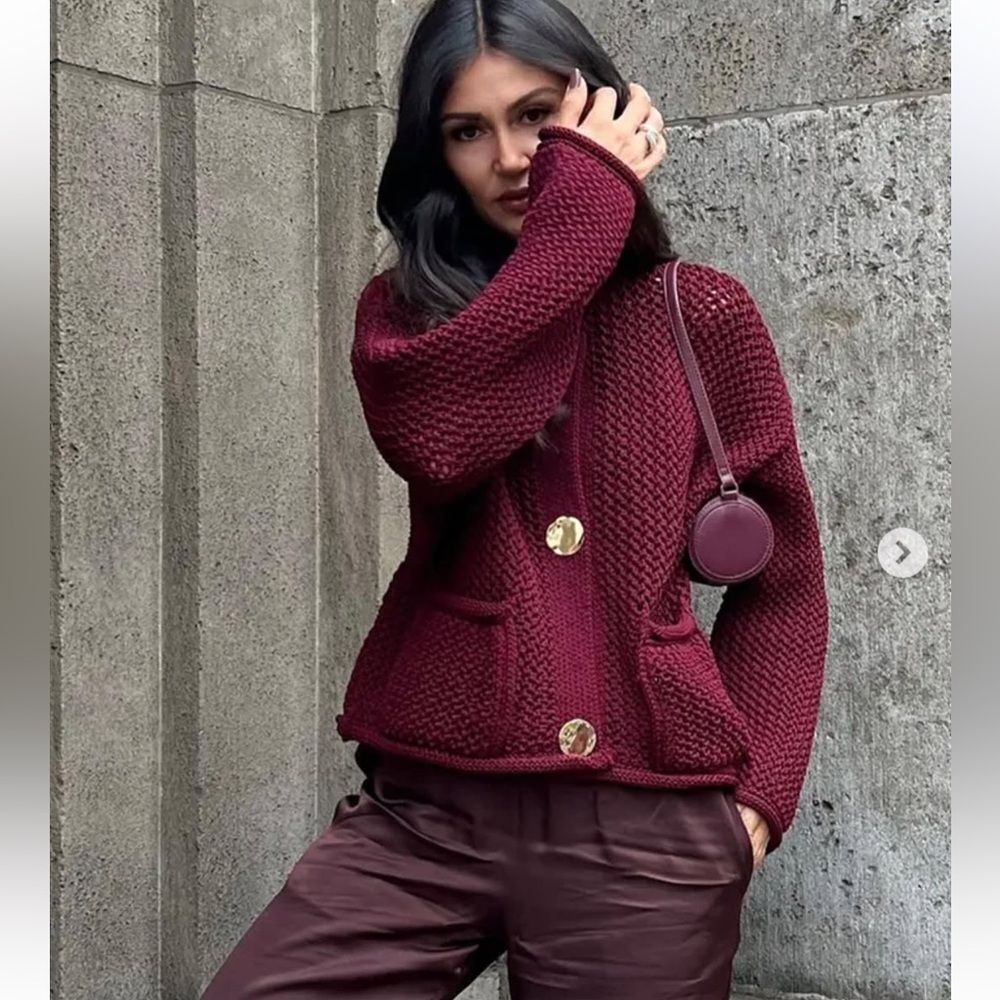 Zara chunky knit cardigan in burgundy - Picture 8 of 16